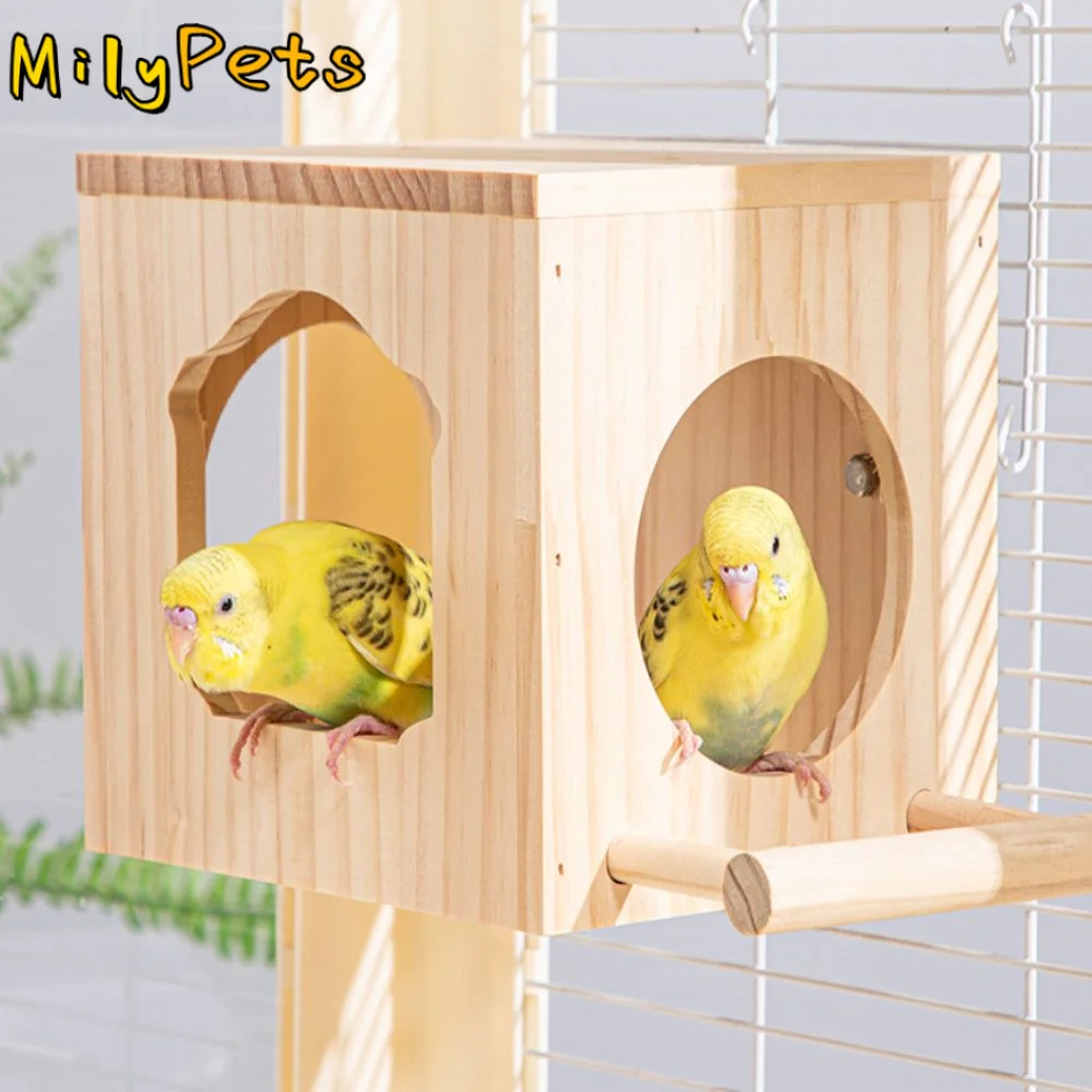 Bird Accessories Solid Wood Wooden Bird House Cage Eco-friendly Square Bird Habitat Box Convenient Warm Parrot Wood House Window