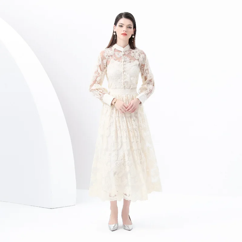 

Early Spring 2025 Court Sle irt with Stand Collar Lantern Sve And Waist Skirt Tee-Piece Set plus Size Women's Dr