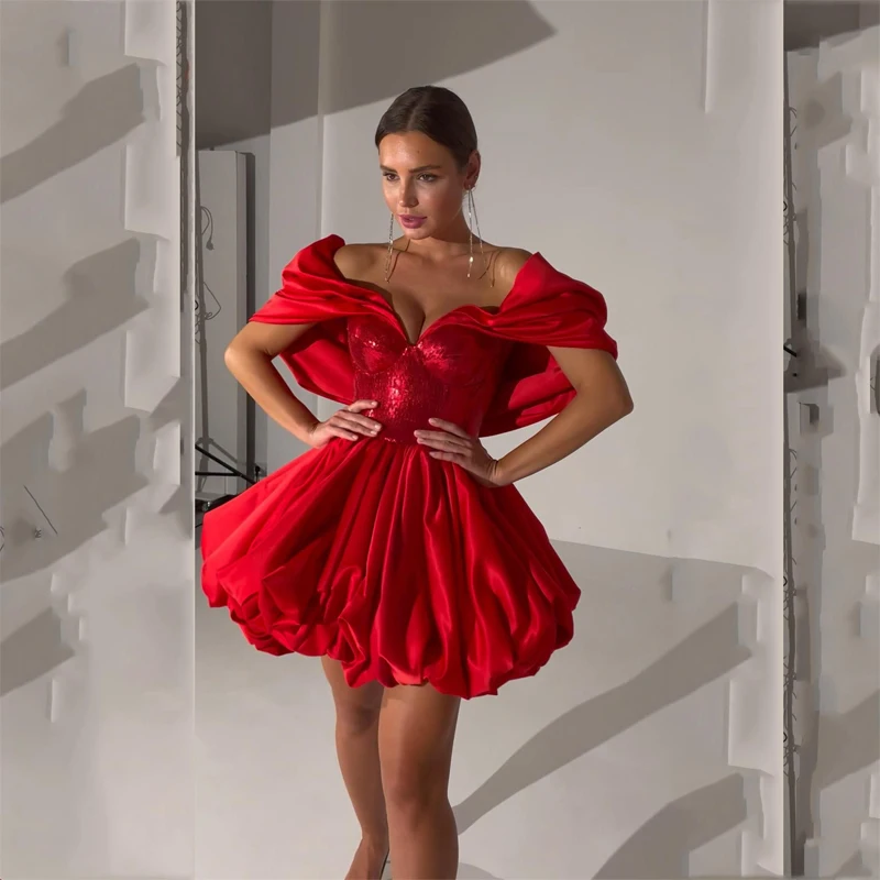 

Red Pretty Elegant Party Dresses Off Shoulder Ruffles Satin Ball Gown Short Mini Length Women Evening Cocktail Gowns Custom Made