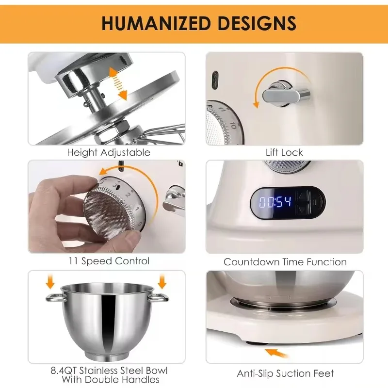 Commercial Stand Mixe with  Certified and Aluminum die casting, Kitchen Electric Mixer Metal Food Mixer with Stainless Steel