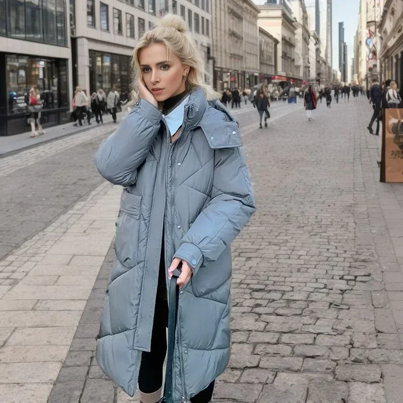 Dames winterjas vrouwelijk pure kleur capuchon lange parka's jassen tops dames 2-pocket dikker warme katoenen jas voor dames 2025