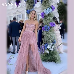 Sansa Sexy Strapless Edge Curl فساتين السهرة Glaring Dusty Pink Vestidos De Noche Lace On Chest Side High Split Prom Dress