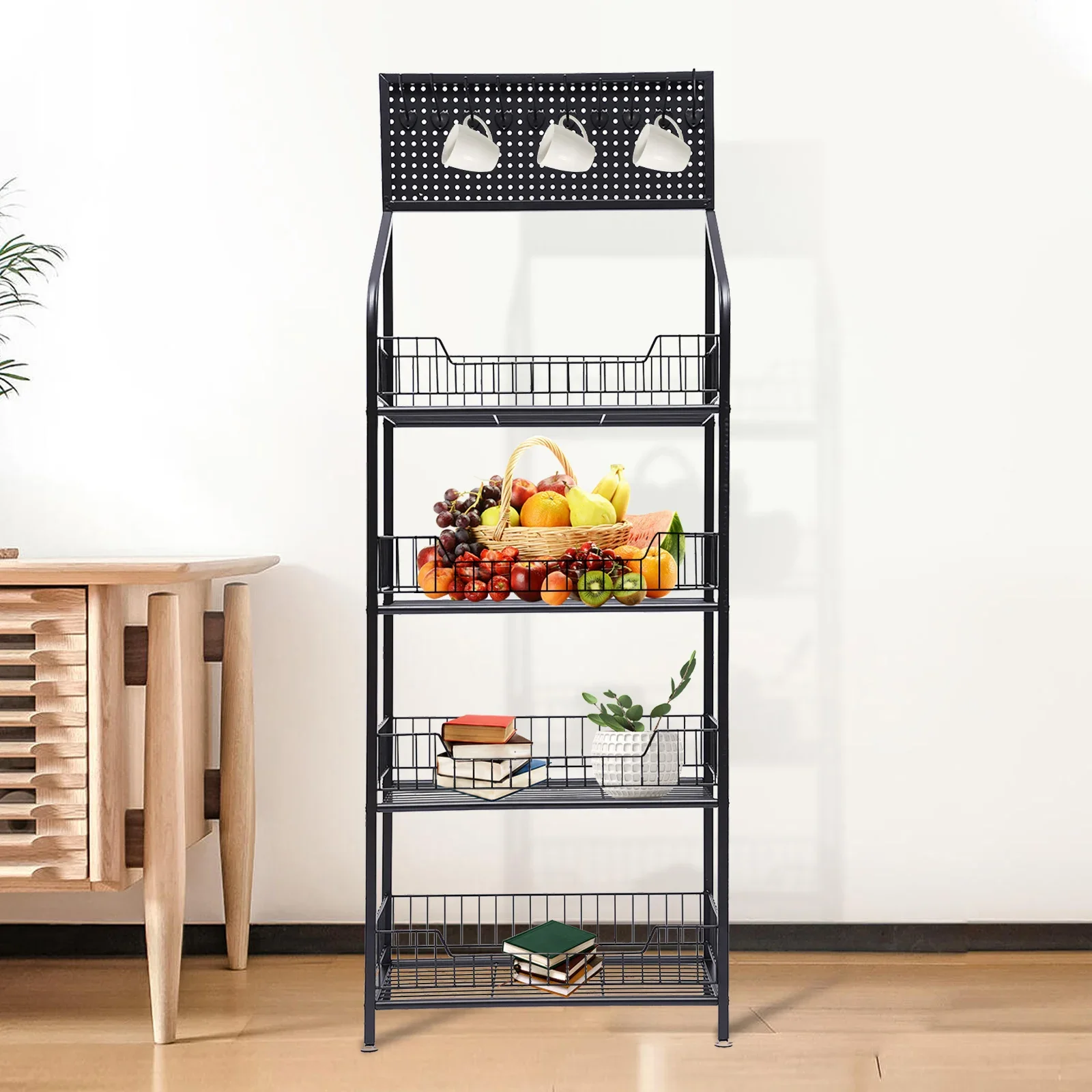 

Four-tier rolling retail display rack, metal wire storage basket stand with pegboard and hooks, suitable for bedroom and kitchen