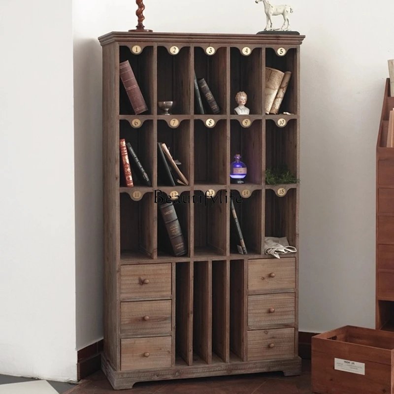 

American Retro Vintage Solid Wood Home Living Room Wall-Mounted Floor Rack French Display Cabinet