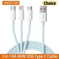 3 In 1 6A USB Type C Cable 66W Super Fast Charging Cables for Huawei Xiaomi Samsung OPPO Lightning Data Cord for iPhone 1.2/2/3M
