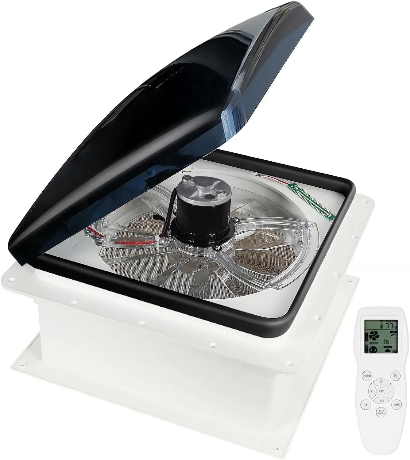 Ventilador de techo RV con control remoto mejorado, ventilador de techo RV silencioso de 12 V CC de 14 "con sensor de lluvia, 10 velocidades, calidad de venta caliente reversible