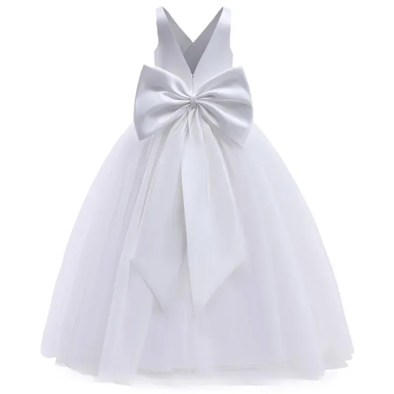 Flower Girls Satin Tulle Princess Pageant Dress for Wedding Kids Pearls Prom Ball Gowns with Bow-Knot