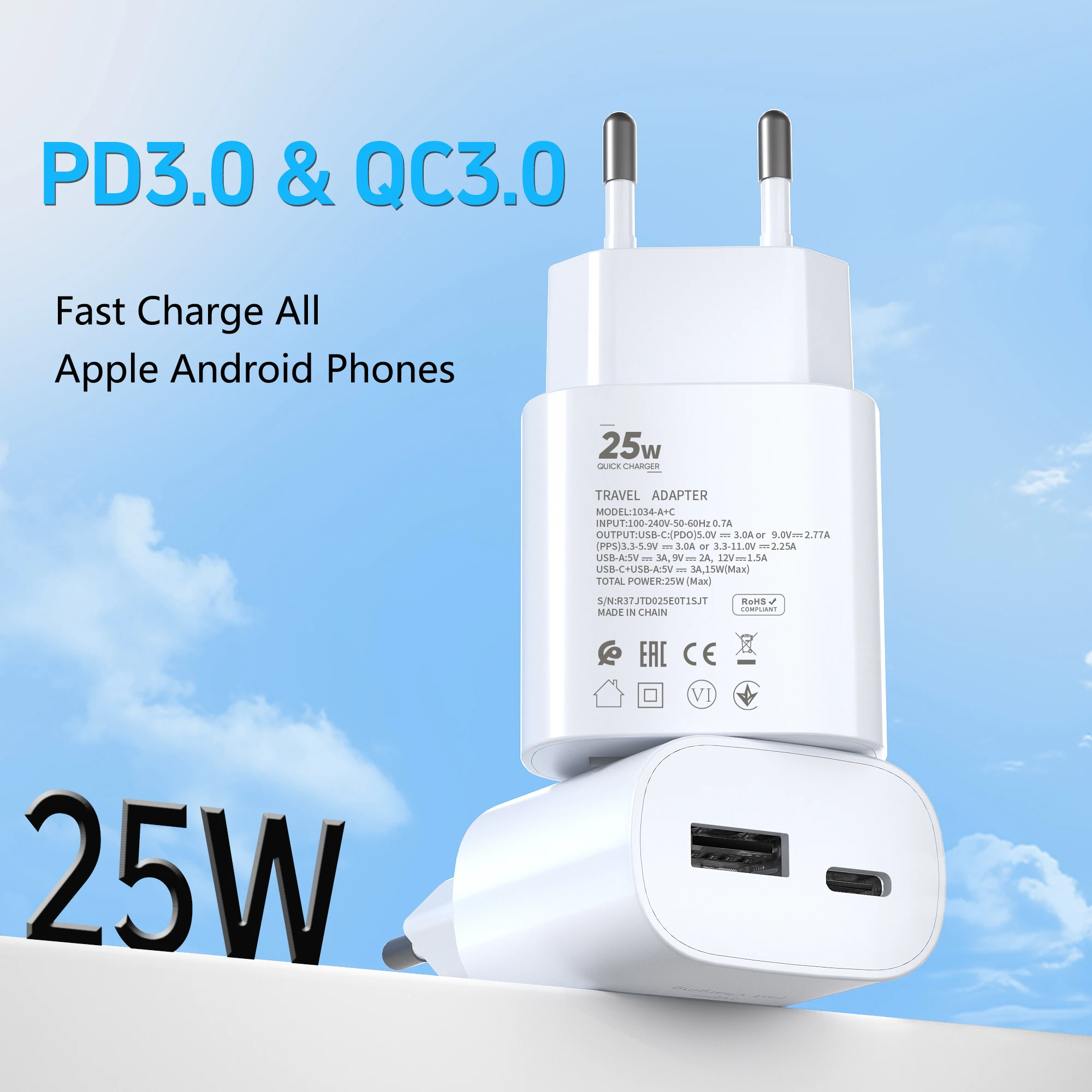 PD25W EU Dual Port USB C & USB A Wall Charger ,QC3.0 Fast Charger Adapter for iPhone Samsung Huawei Xiaomi iPad AirPods