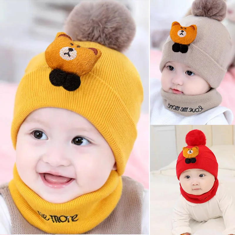 0-3 Years Winter Baby Knitted Hats With Scarf Set Boys Girls Warm Knitted Cute Cartoon Bear Toddler Pompom Beanies Scarf Suit