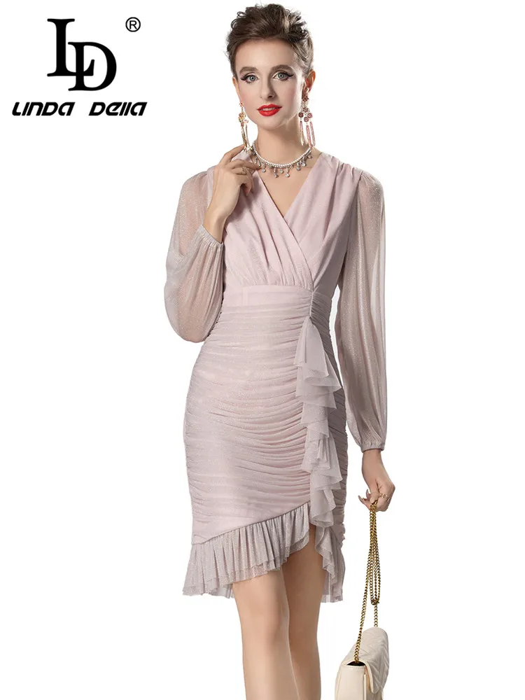 

LD LINDA DELLA Autumn Women's Dress V-Neck Lantern Sleeved Mesh Flounced Edge Splicing Slim High Street Party Dresses