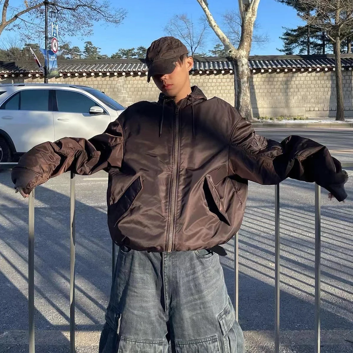 

NIGO Мужская осенне-зимняя коричневая куртка на молнии с капюшоном, трендовая модная куртка оверсайз с длинными рукавами # NGTOP12188