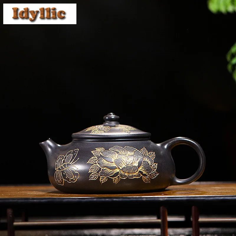 

260ml Luxury Yixing Purple Clay Teapots Handmade Han Jiang Peony Pot Raw Ore Stone Yellow Mud Tea Maker Kettle Zisha Tea Set