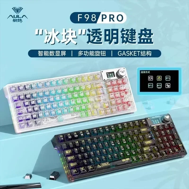 Aula F98 Pro 무선 기계식 키보드, 3 가지 모드 키보드, 화면 포함, 투명 RGB 백라이트, GDA 키캡, 개스킷 게이머 키보드