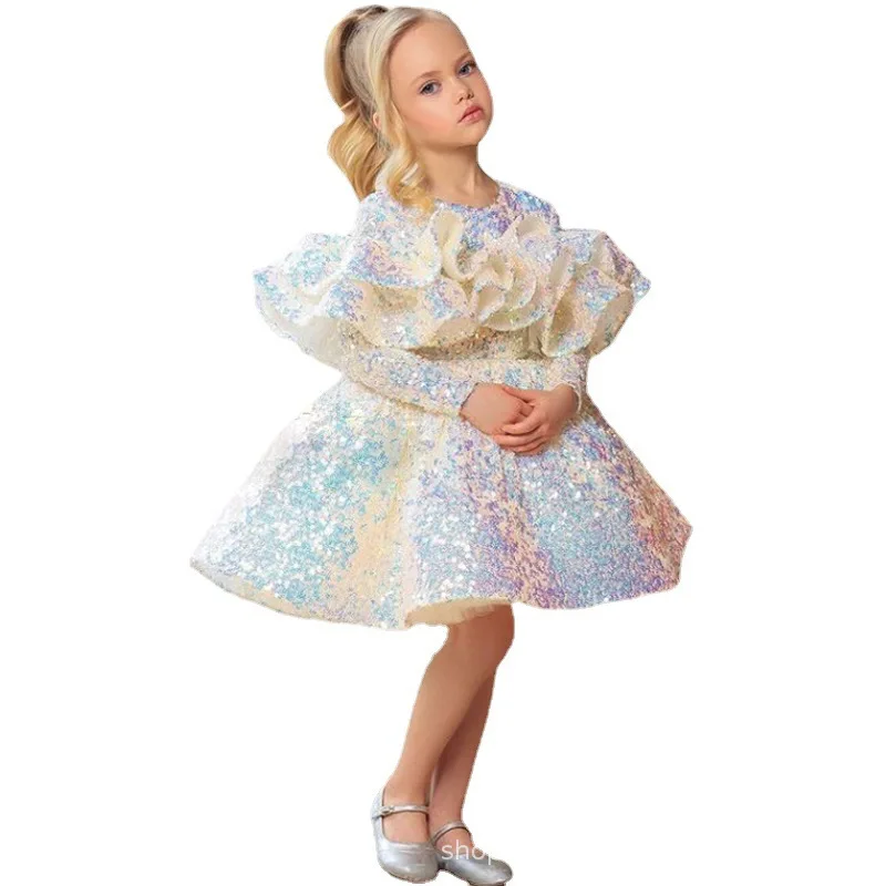 Kids Little Girls' Dress Sequin A Line Dress Model Walk Show Evening Dress Flower Bling Bling Host Colorful Performance Dress