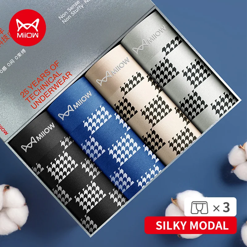

MiiOW 3Pcs Modal Men's Panties Cotton Antibacterial Crotch Man Underwear Fashion Plaid Print Autumn Winter Men Boxers Underpants