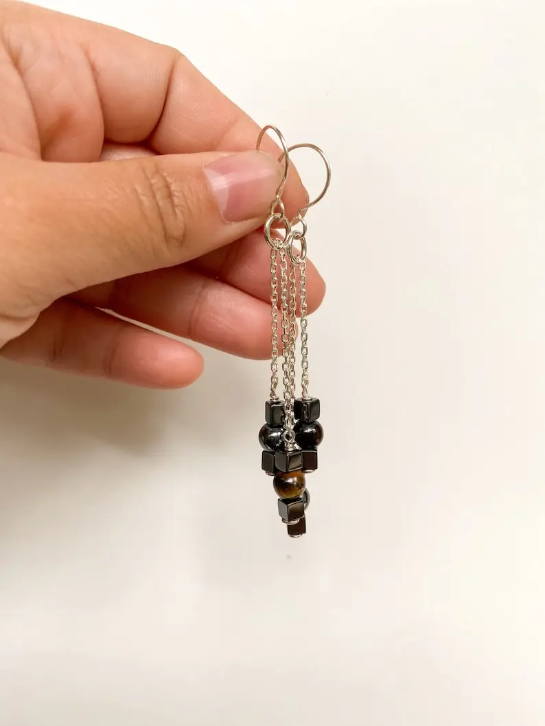 Geometrical fidget earrings, Long sterling silver earrings, Tigers eye & hematite handmade stone earrings, Anxiety relief