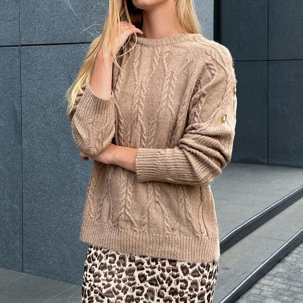 

Camel Cable Knit Sweater with Shoulder Buttons Hollow Pullover Top European And American Style Retro Fashion for Autumn Winter