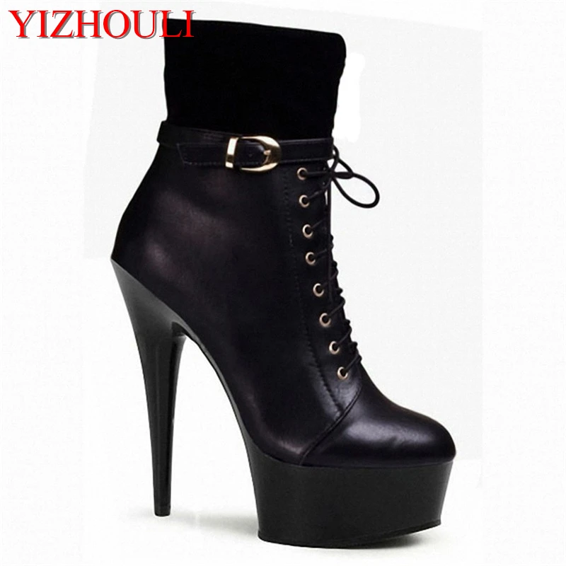 

Winter New 15- 17cm Women's Short Boots Fashion buckle Decoration 6 inch High Thin Heels Side Zipper Female dance shoes