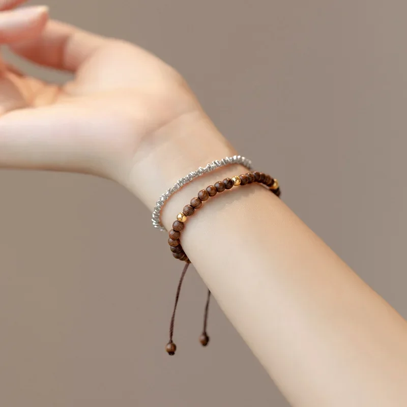 Natural Gold Silk Sandalwood Line Ebony 14K Golden Balls Bracelet Handmade Jewelry Niche Gift Attract Lucky Beads Female Retro