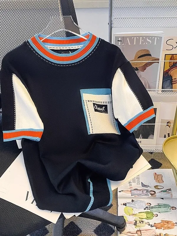 

Мужская футболка большого размера (до 300 фунтов), летняя, тонкая, с контрастными вставками, вязаная, с коротким рукавом, круглым вырезом, модный повседневный топ