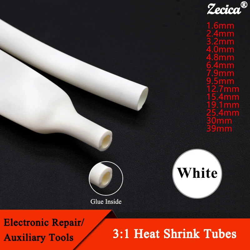 

1~20m 3:1 Heat Shrink Tube With Glue White Diameter 1.6 ~ 39mm Dual Wall Polyolefin Insulated Adhesive Lined Shrink Wrap Sleeve
