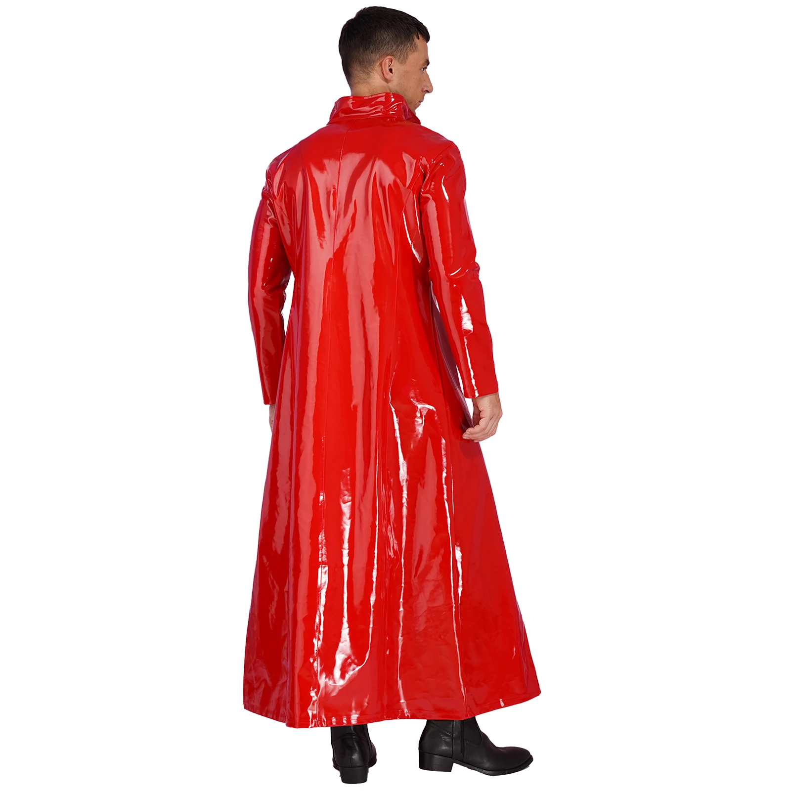 Mens Motorcycling Costumes Wetlook Patent Leather Long Sleeve Cloak Coat Cosplay Party Clubwear Stage Performance Rave Costume