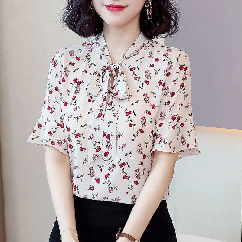 Vintage Printed Ruffles Lace Up Bow Chiffon Floral Blouse Women Clothing 2023 Summer New Casual Pullovers Flare Sleeve Shirt