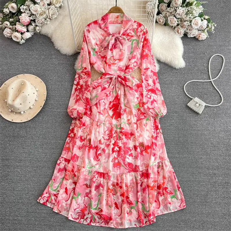 Elegant And Beautiful Women's Dress 2024 Spring Autumn Korean Full Sleeve Bow Tie Up Waist Slim A-Line Printed Long Dress Z3574