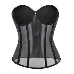 Women's Evening Corset Overbust With Bra Lingerie Transparent Mesh Breathable Lace Up Corsets Woman Top Black Bustier