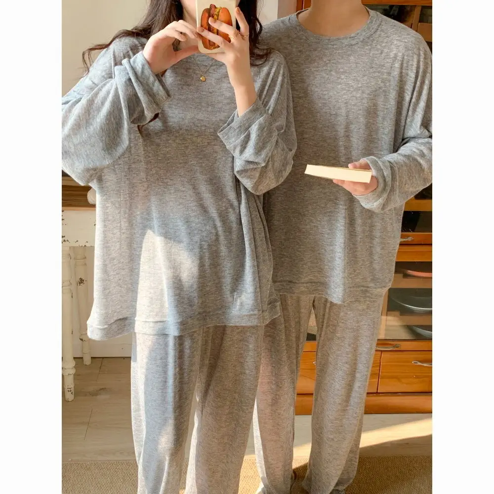 Autumn 2pieces Pyjamas Set Couple Top 2024 Round Neck Girls Pajamas Casual Solid Top and Pant Sleepwear Long Sleeve Home Suit