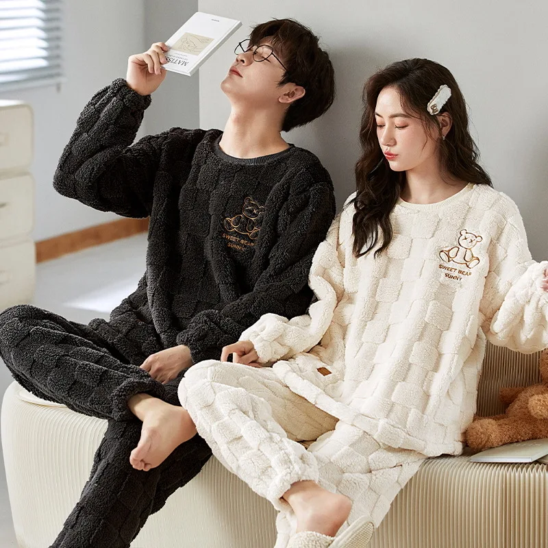 Fall Winter Couples Pajamas Women\'s Facecloth Padded Thickened Suit Men\'s Loose Large Size Warm Coral Fleece Leisure Home Wear