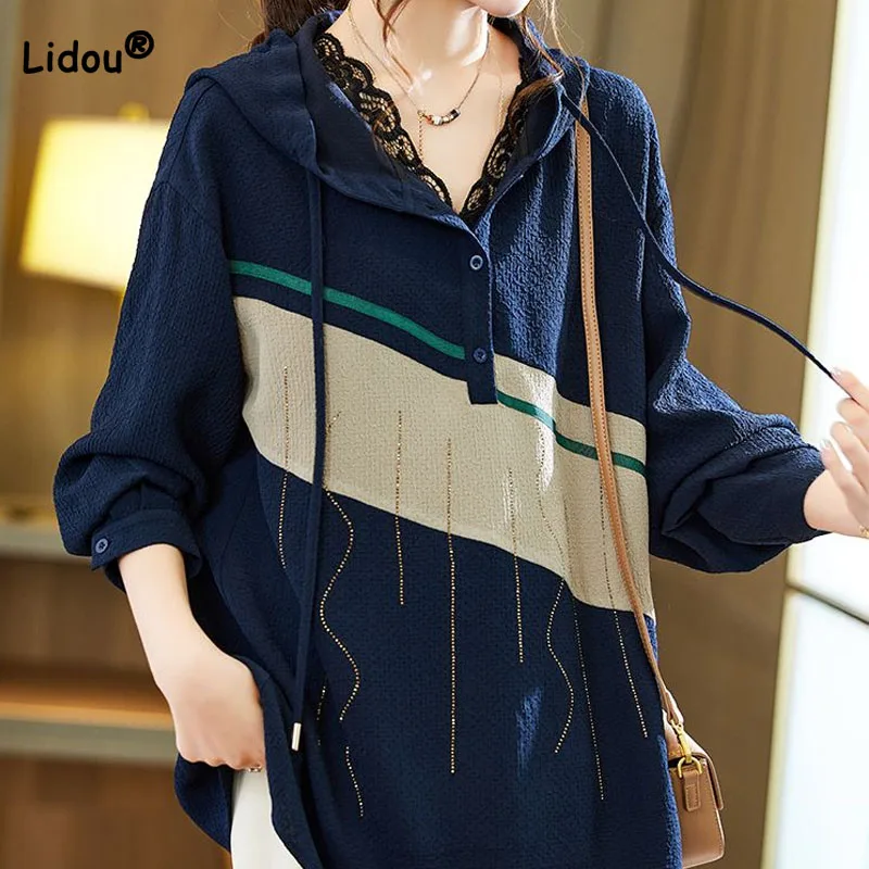 Koreaanse mode contrasterende kleur patchwork hooded tops dameskleding herfst losse casual dame lange mouwen diamanten truien