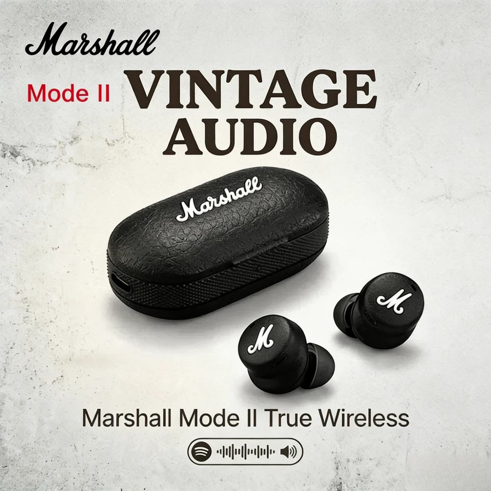 Беспроводные Bluetooth-наушники Marshall Mode II True Wireless, водонепроницаемые по стандарту IPX5, с 25-часовым временем автономной работы, 6-мм динамическим драйвером, внутриканальные, с сенсорным управлением.