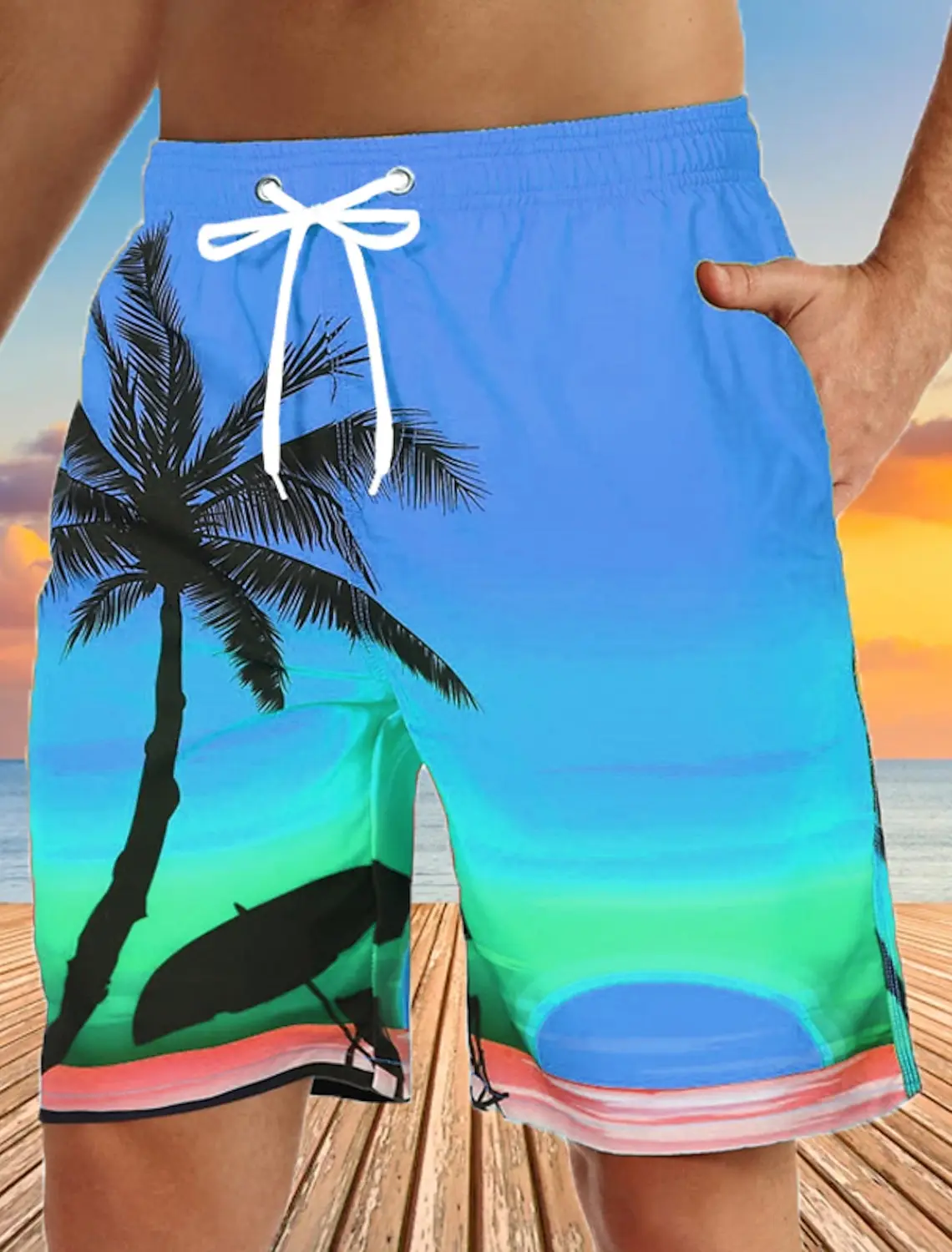 Pantaloncini da surf da uomo pantaloncini da bagno Bermuda pantaloncini da spiaggia coulisse stampa 3D grafica albero di cocco traspirante Quick Dry Short