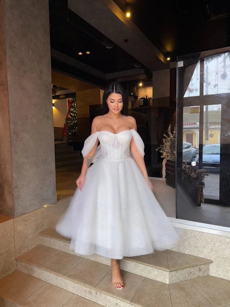 Vestido de novia con corsé Elopement, vestidos de novia largos hasta el té, vestido de despedida de soltera corto y brillante, vestido de novia sencillo