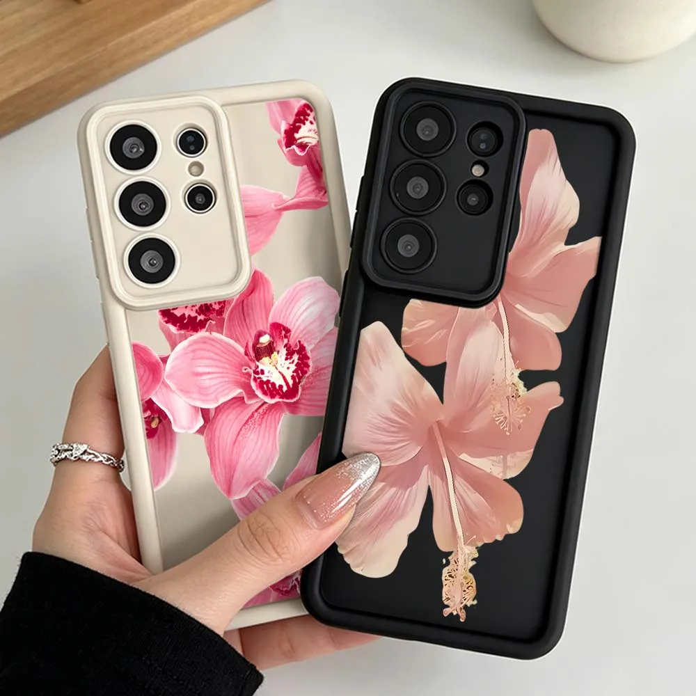 Pink Hibiscus Flowers Pattern Cover For Samsung Galaxy S26 S25 S24 S23 S22 S21 S20 Note 20 Ultra Plus FE Eye Ladder Phone Case