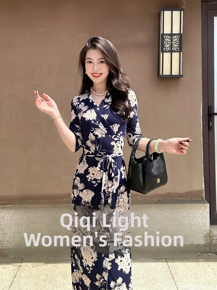 

Новая женская летняя винтажная шелковая платье-рубашка с цветочным принтом и запахом, синяя, в китайском стиле, коллекция 2024