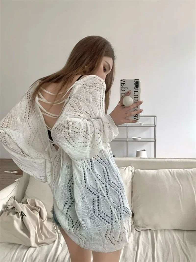 Sexy Hollow V-neck Lace Up Knit Sweater Summer Korean Loose Sun Protection Top Elegant Backless Long Sleeved Beach Top