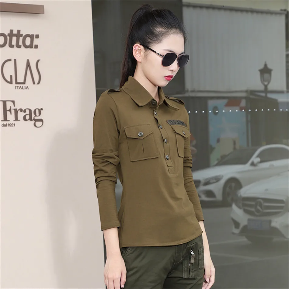 Camping Hiking Army Fans Cotton Long Sleeve T-Shirt Spring Summer Breathable Women Lapel Armygreen Military Training Uniform