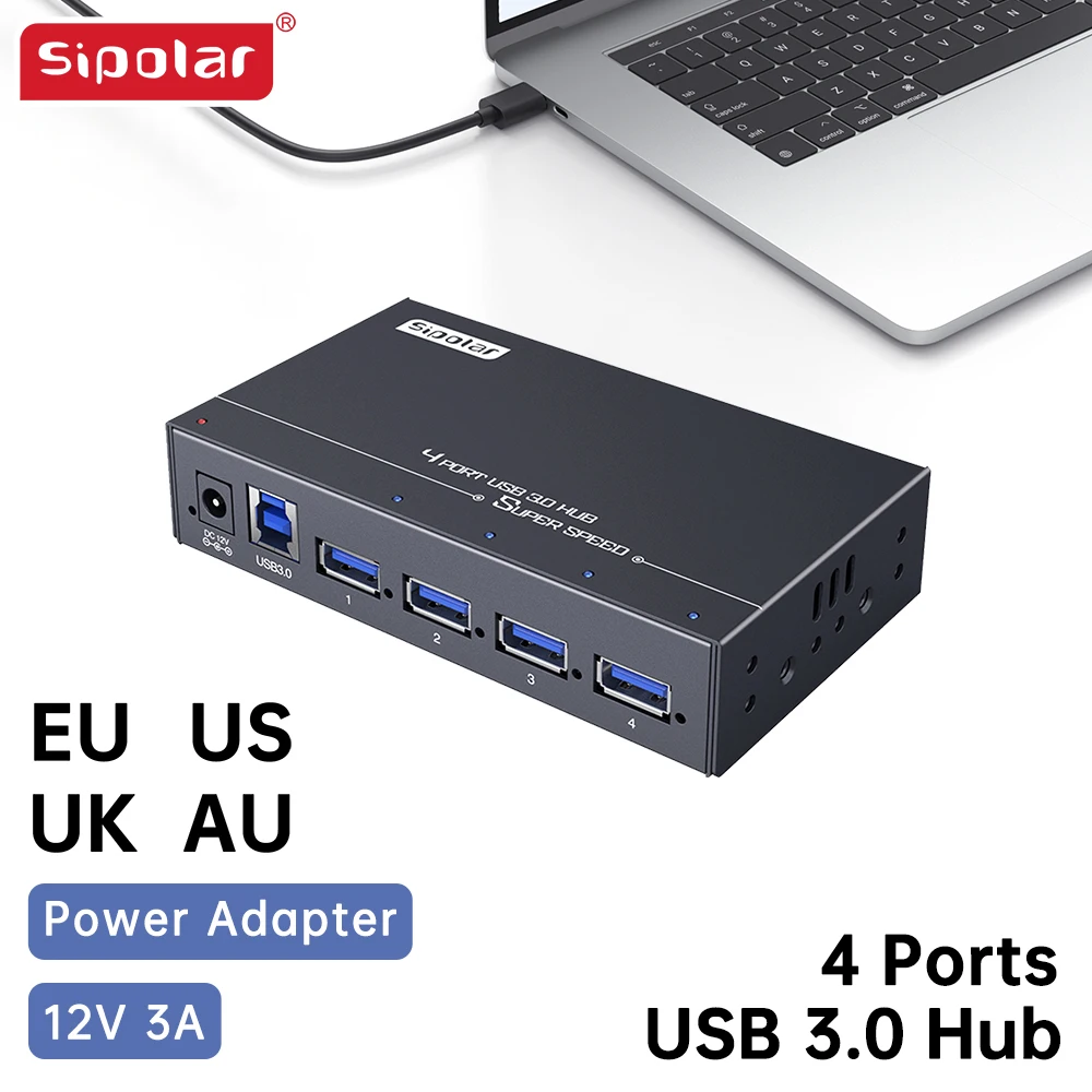 

Sipolar A-4U30 4 Port Usb 3.0 Hub for Phone Accessories SD Card Metal Hub Splitter 12V 3A Power Adapter