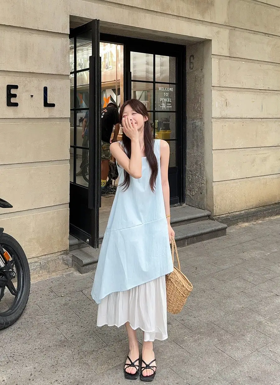 Damen Ärmelloses Weißes Midi-Kleid Locker Geschnittenes Mehrlagiges Rüschensaum-Kleid Lässiges Sommer-Strandkleid – Detail 7