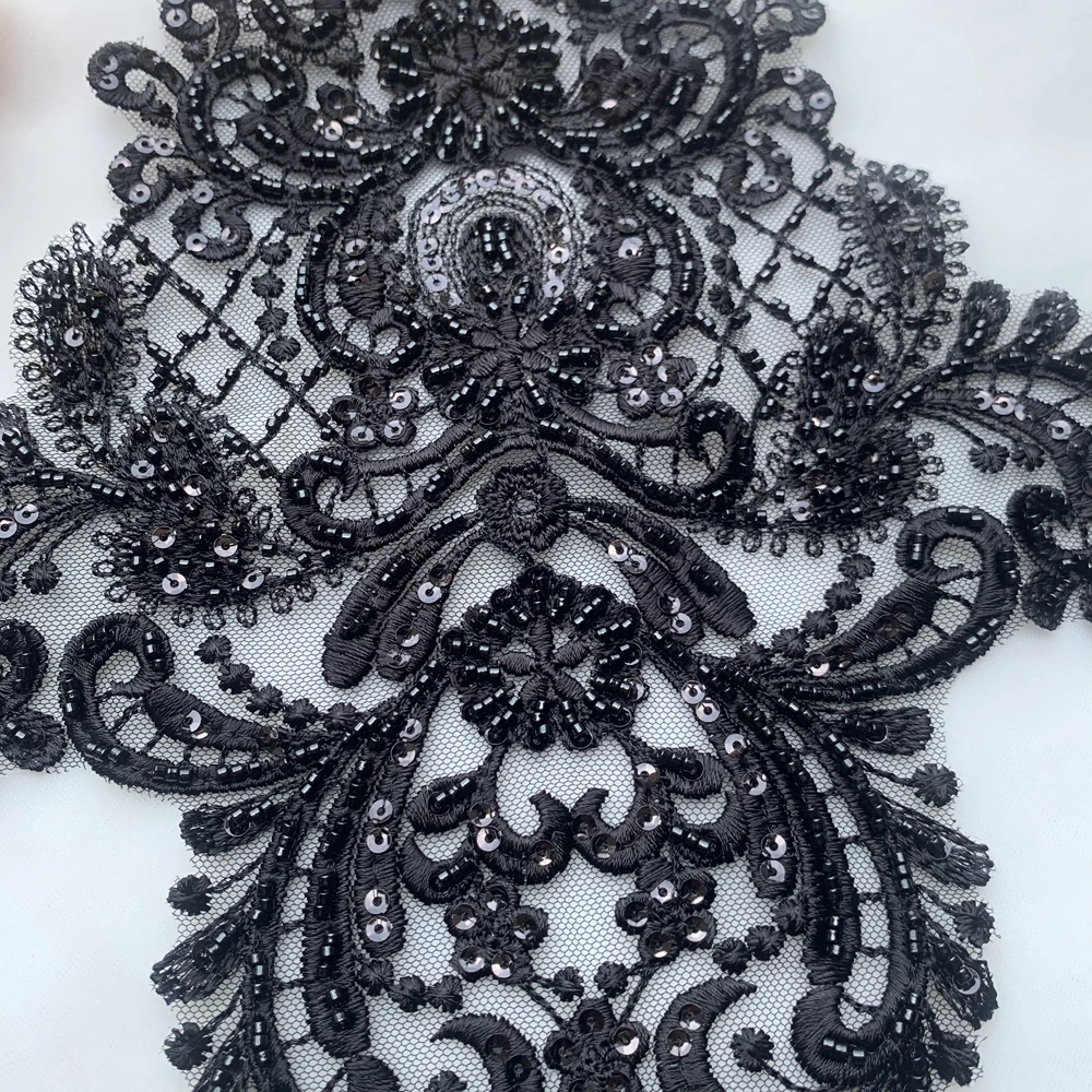 Beaded Sequin Embroidery Lace Applique, Retro Black and Red, 2 PCs/Pack DIY Wedding Dress Accessories, Lace Flower Patches