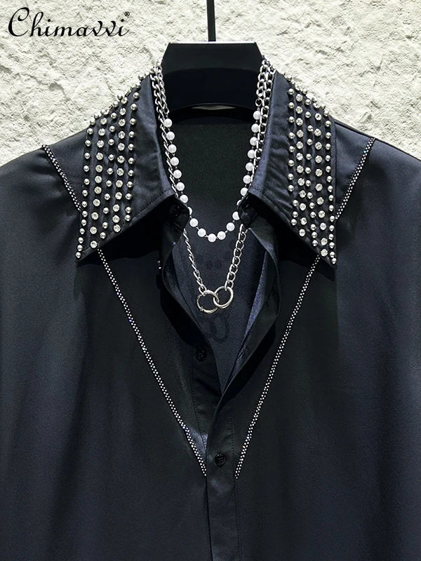 Personalized Heavy Rhinestone Studded Collar Long Sleeve Shirt Spring Autumn New Fashion Light Luxury Handsome Men Casual Shirt