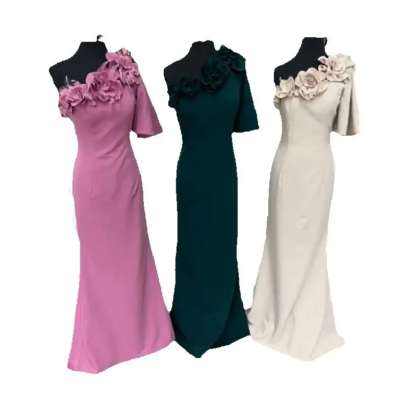 Customized Saudi ArabiaOne Shoulder Mother of The Bride Dress 3D-Flowers Sweep Train Short Sleeve  Straight AsymmetricalBespoke