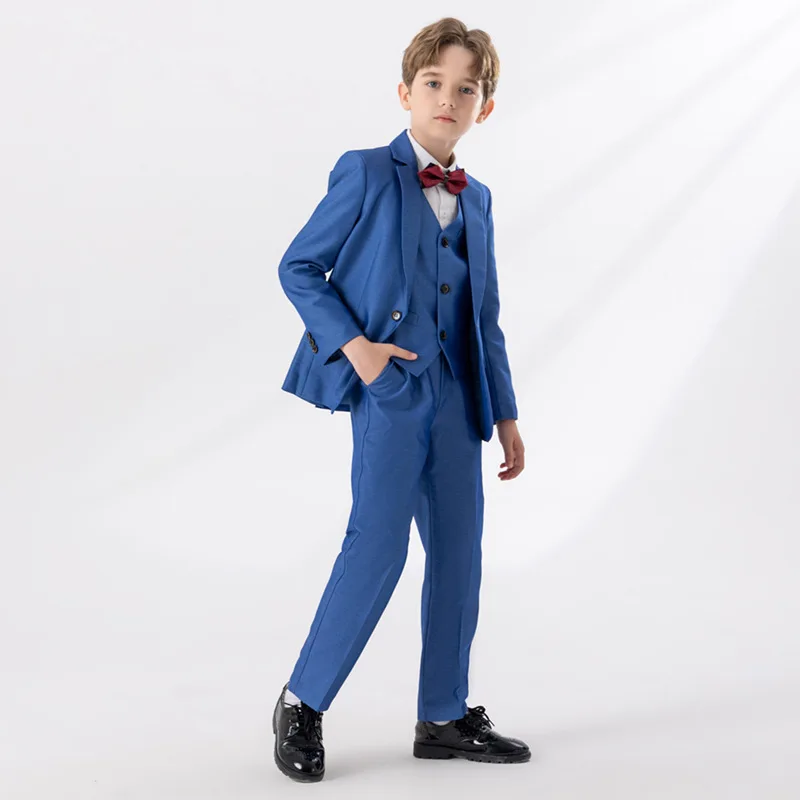 Children Blue Gary Jacket Vest Pants Bowtie 4PCS Piano Party Dress Kids Ceremony Photograph Suit Flower Boys Performance Costume