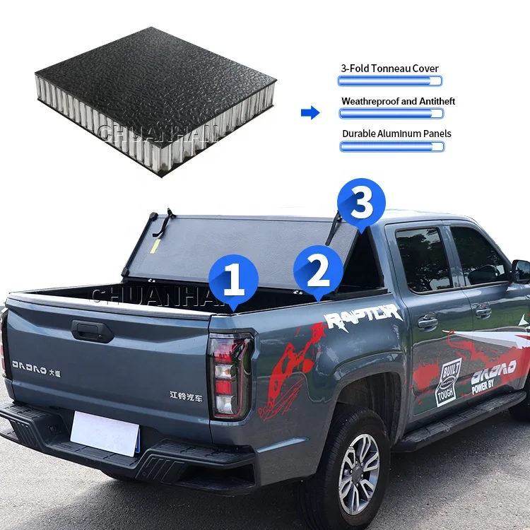Aluminum Tri-Fold Tonneau Cover, Waterproof Hard Truck Bed Lid for Hilux Tacoma Silverado 1500, Heavy Duty Lockable Cargo, Black