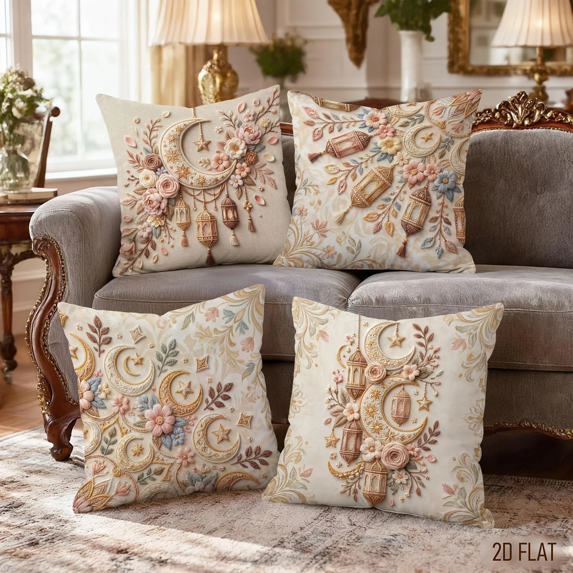 4pcs Ramadan Moon Star Lantern Cushion Cover Arabic Floral Pillow Case Polyester Home Decor Sofa Living Room Bedroom 2D Flat