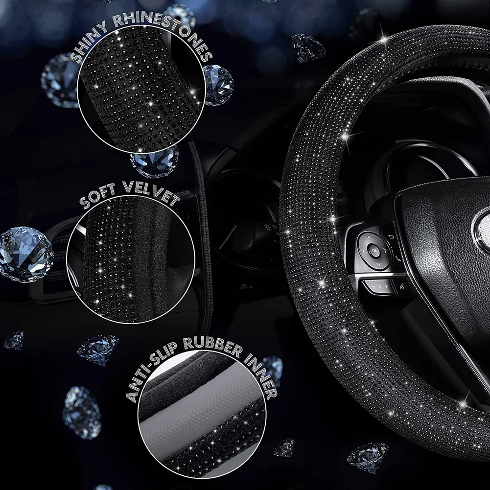 Car Rhinestones Steering Wheel Cover With Crystal Diamond Sparkling Car Suv Steering Wheel Protector Fit 14.5-15 Inch Vehicle