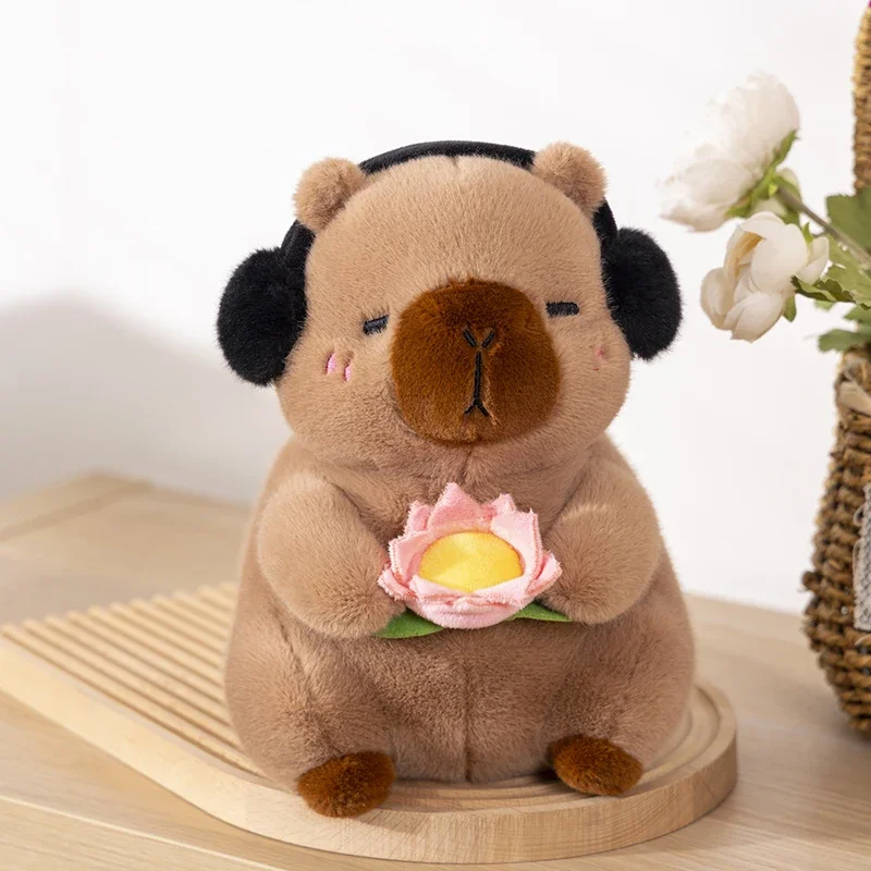 Cute Capybara Plush Toy Stuffed Animals Capybara Hold Lotus Flower White-face Monkey Soft Doll Kids Toys Birthday Christmas Gift