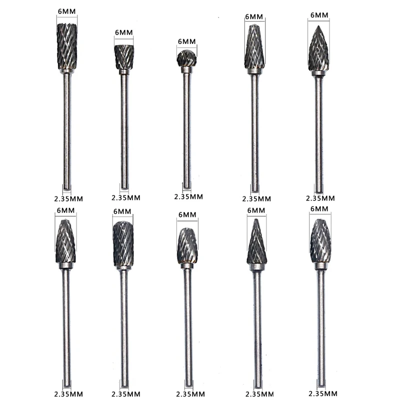 10 Stück Wolframcarbid-Grat-Set 6*6/10mm Typ A/C/E/F/L Doppelschnitt-Rotations feilen zum Metall polieren, Fräsen von Elektro werkzeugen – Detail 3